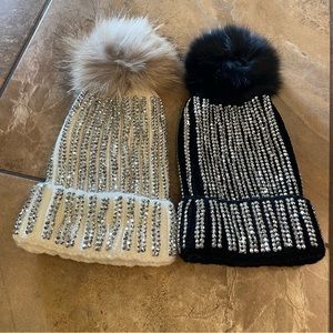 NWOT 2 knit rhinestone beanie hats with faux fur pom pom